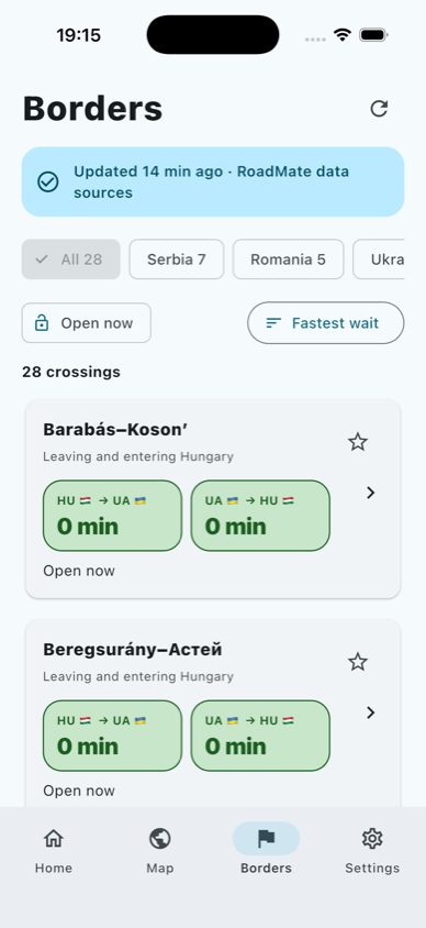 RoadMate border list screenshot from the iOS app